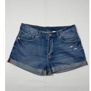 Casual H&M &Denim Boyfriend Shorts Women 8 Blue Med Wash Distressed Rolled Cuff